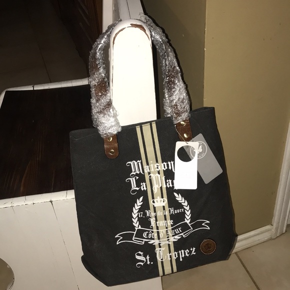 Le Papillon-St. Tropez tote-vintage dark gray white print stripe bag NWT LAST 1! - Picture 6 of 13